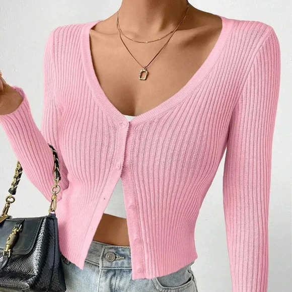 Sweaters - Pink Casual Women's Slim Solid Color Rib Knit Cardigan